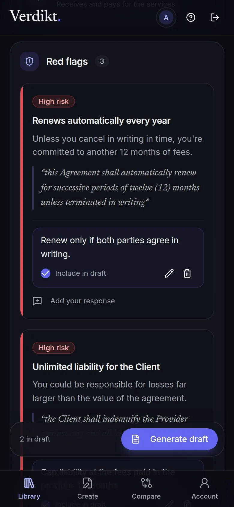 Verdikt on a phone: red flags with the user's requested changes