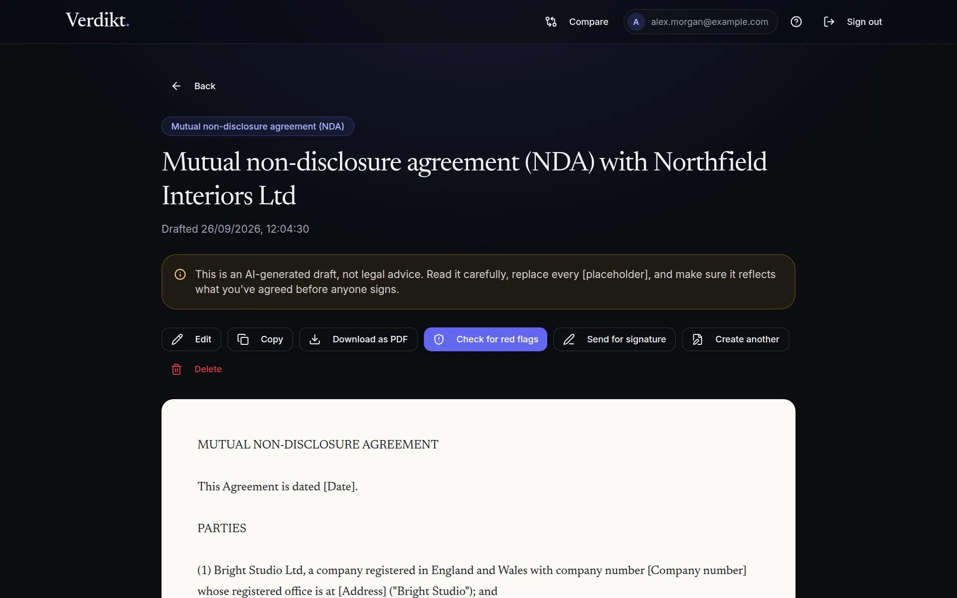 A mutual non-disclosure agreement drafted in Verdikt, with options to edit, download, check for red flags and send for signature