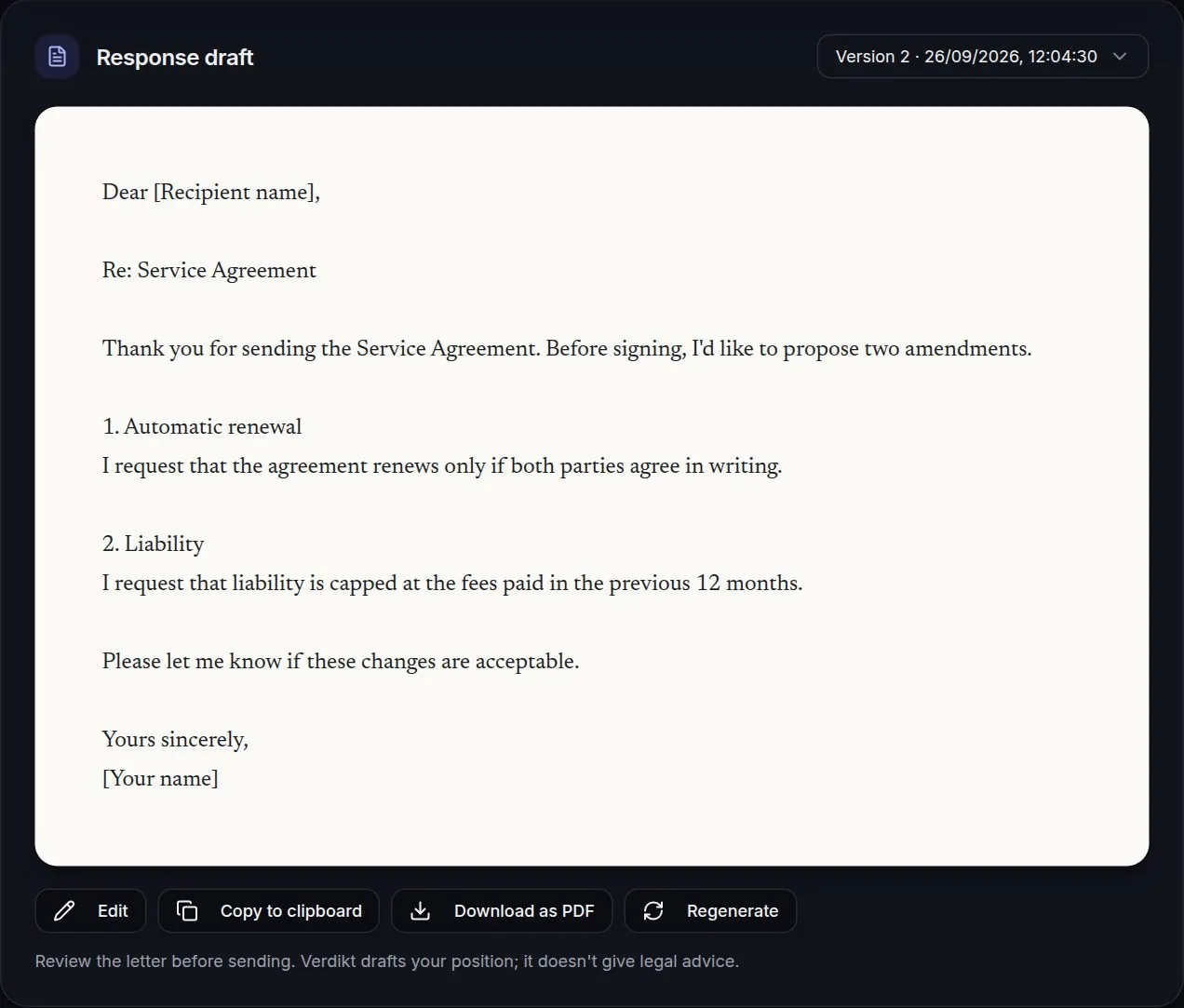 A response letter drafted by Verdikt asking for two changes to a service agreement