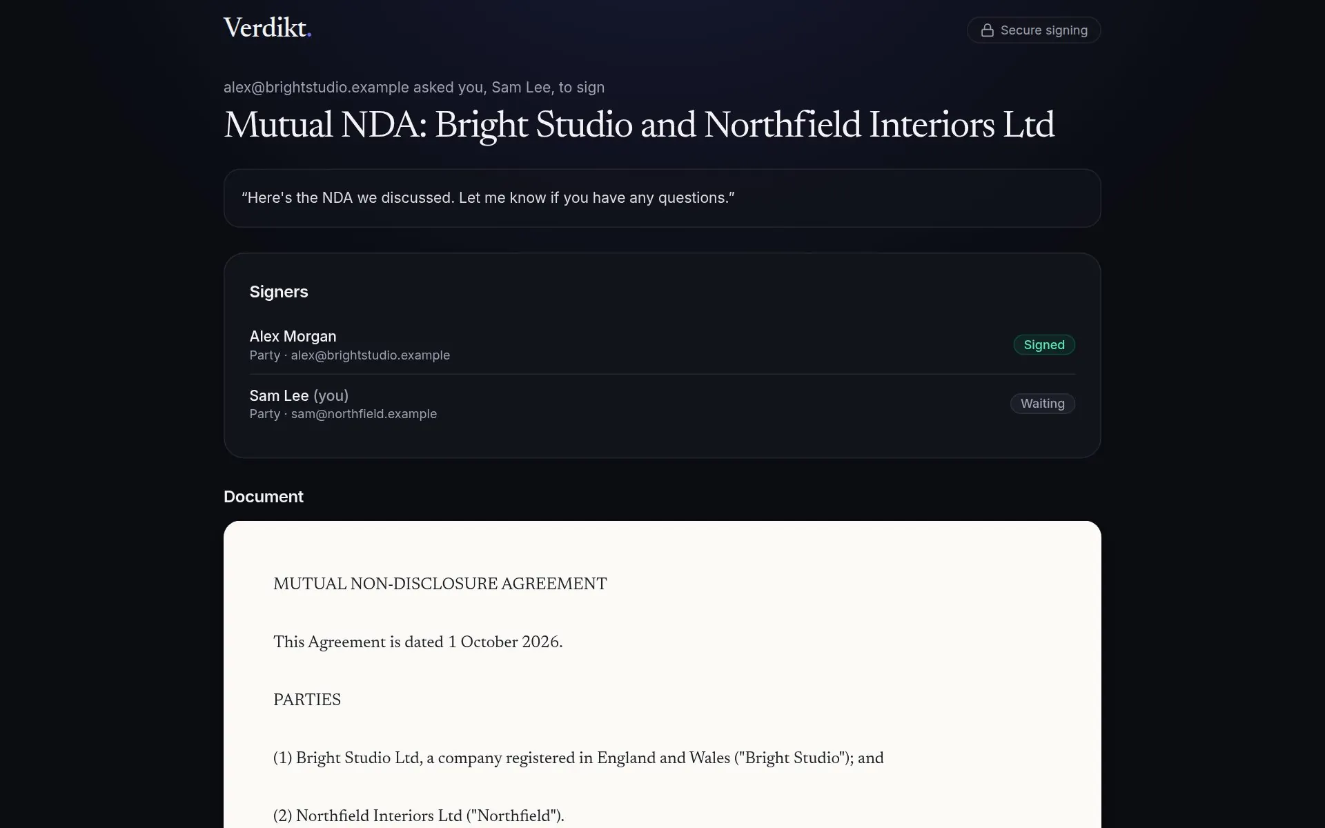 The Verdikt signing page for a mutual NDA, showing one signer has signed and one is waiting