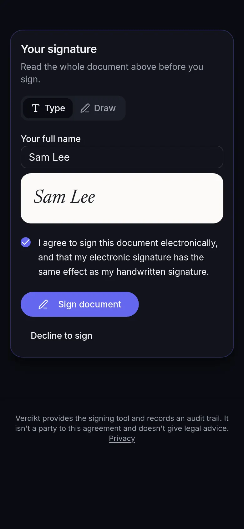 Signing on a phone: a signature drawn with a finger, ready to submit